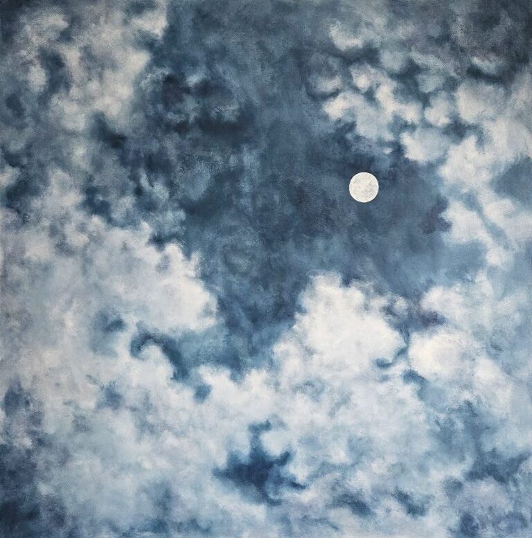 Gemälde mit Wolken und Mond in der Nacht.